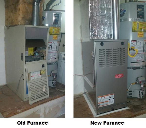 Picture of All Weather Heating & Air Conditioning replaced the old furnace on the left with the new Bryant high-efficiency furnace on the right. - All Weather Heating & Air Conditioning Inc.