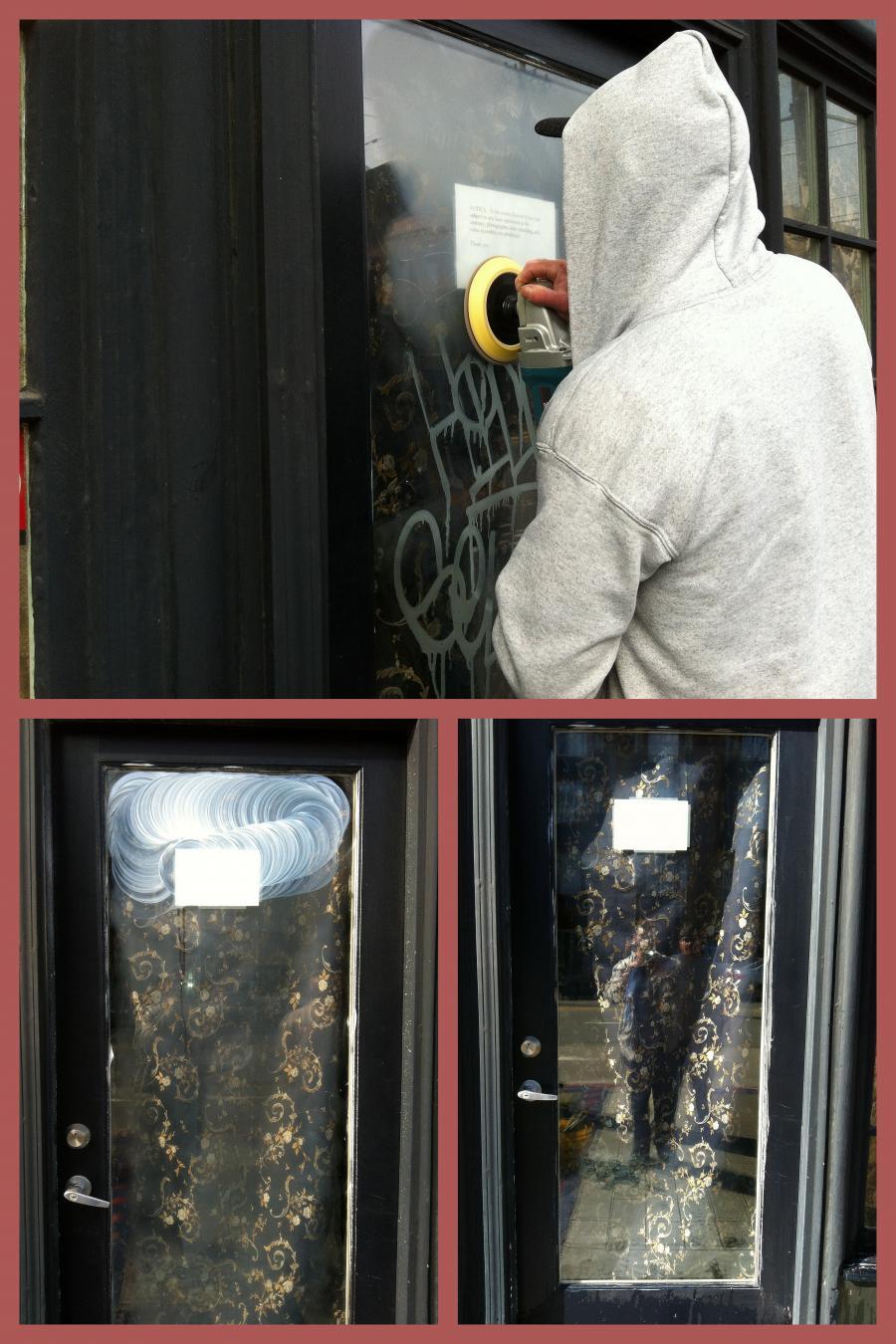 Picture of A "before, during, and after" shot of AWC technician Kelvin buffing out a glass door etched with graffiti - AWC
