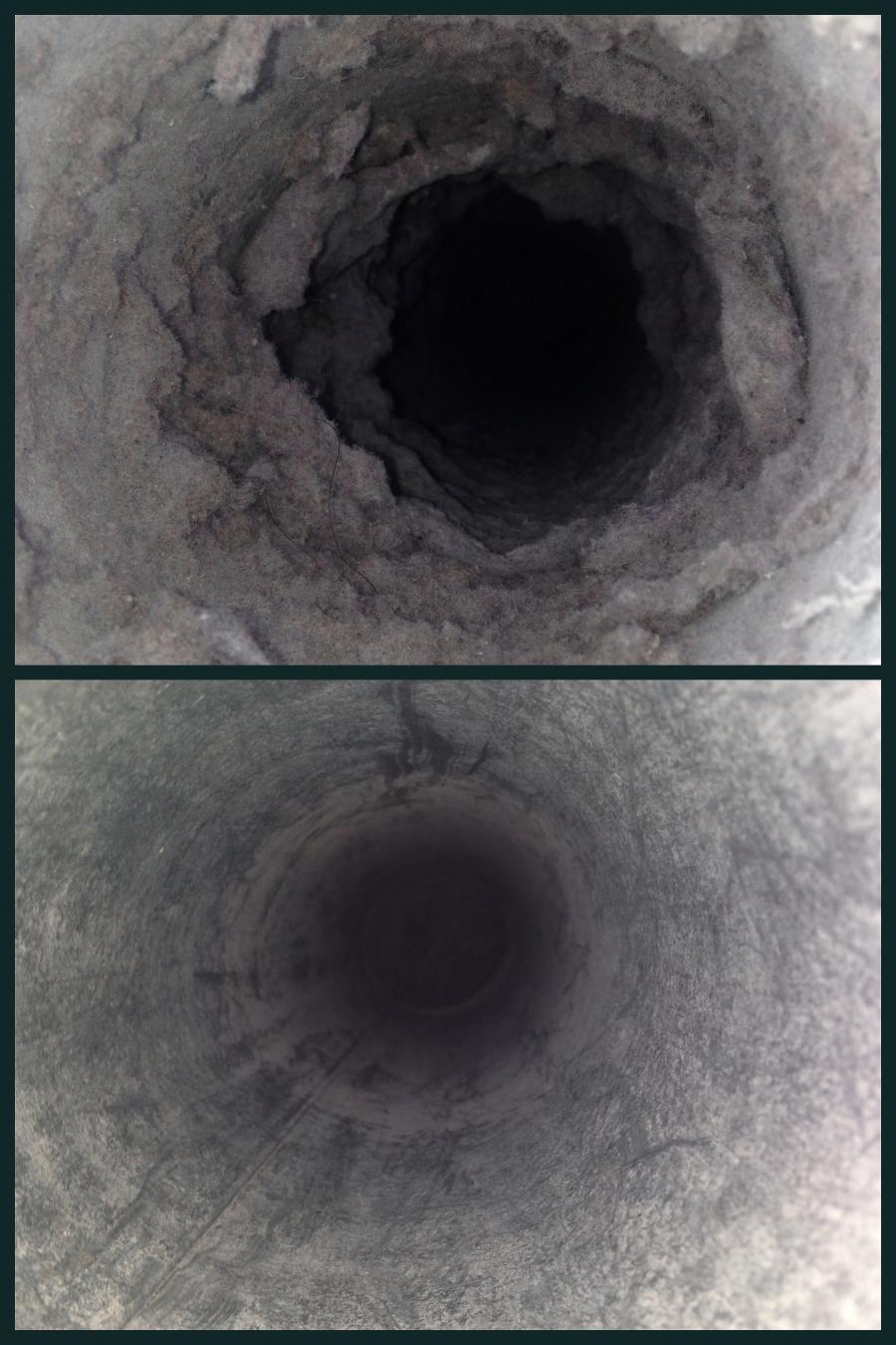 Picture of A "before and after" shot of a dryer vent cleaning job - AWC