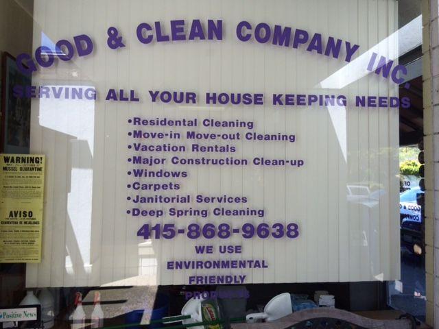 Picture of This side window of Good & Clean's Stinson Beach office describes the company's full range of services. - Good & Clean Co. Inc.