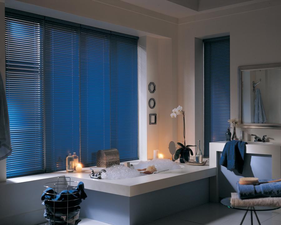 Picture of Deep blue mini blinds make a dramatic statement. - Creative Window Fashions, Inc.