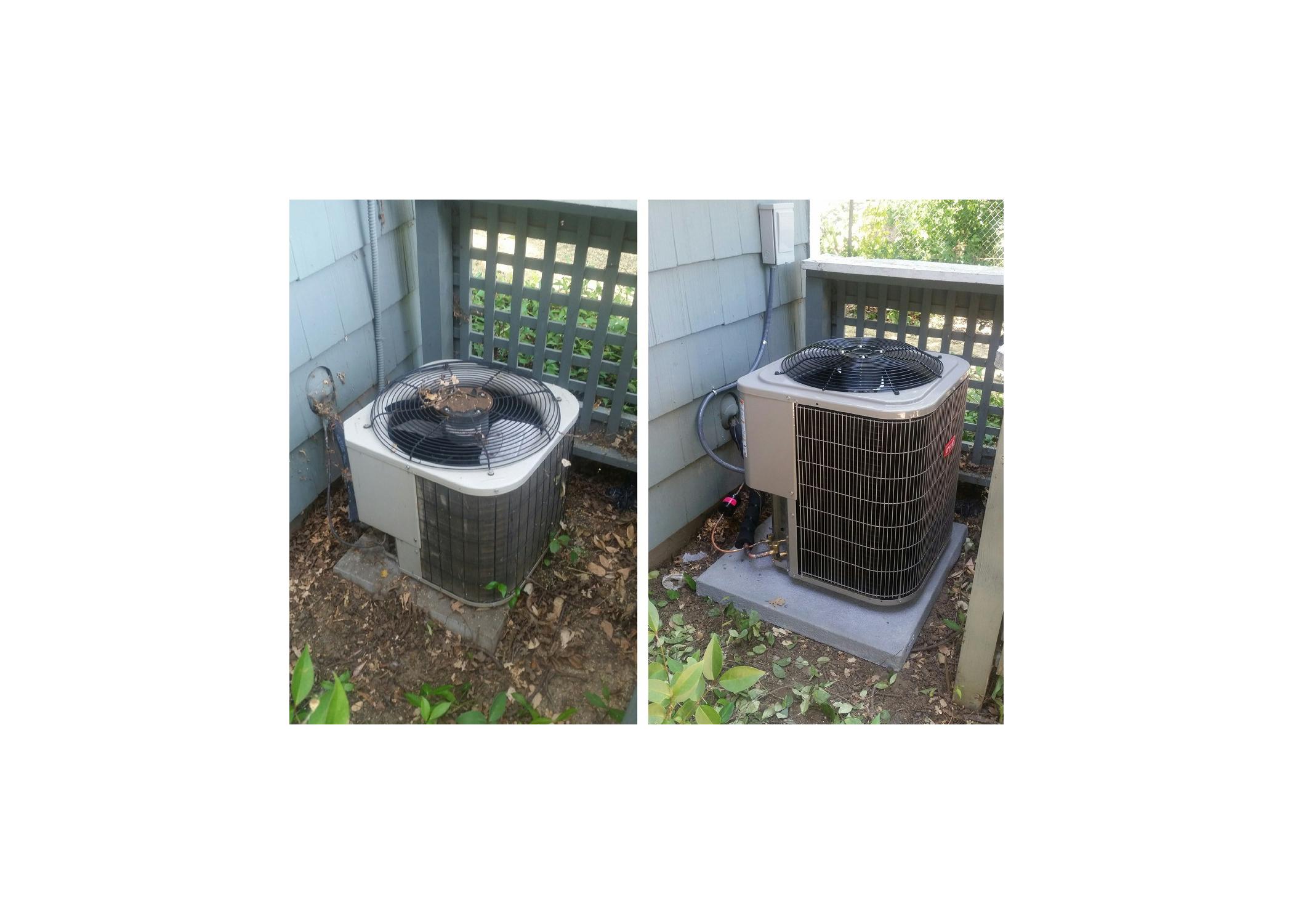 Picture of All Weather Heating & Air Conditioning replaced the old air conditioner on the left with the new Bryant air conditioner on the right. - All Weather Heating & Air Conditioning Inc.