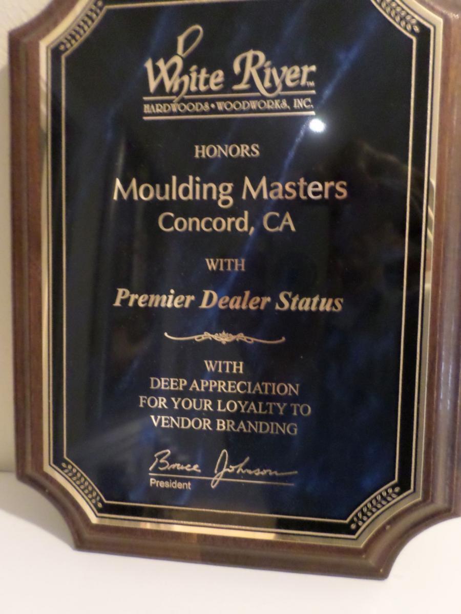 Picture of Moulding Masters has received recognition from major manufacturers including Premier Dealer Status from White River Hardwoods. - Moulding Masters Of California