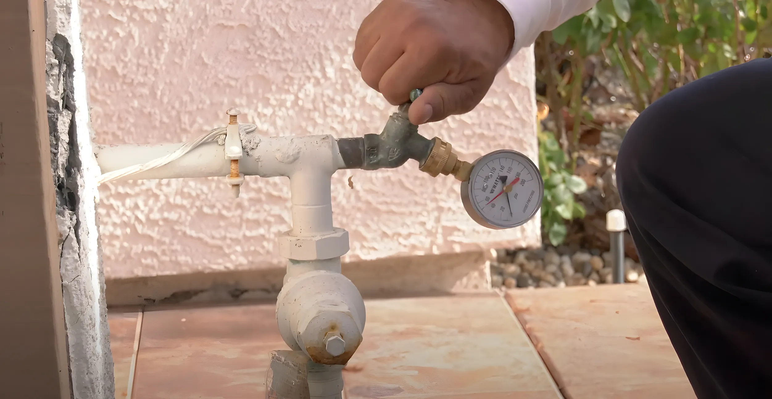  Hand adjusting a pressure valve attached to an outdoor water pipe with a pressure gauge.