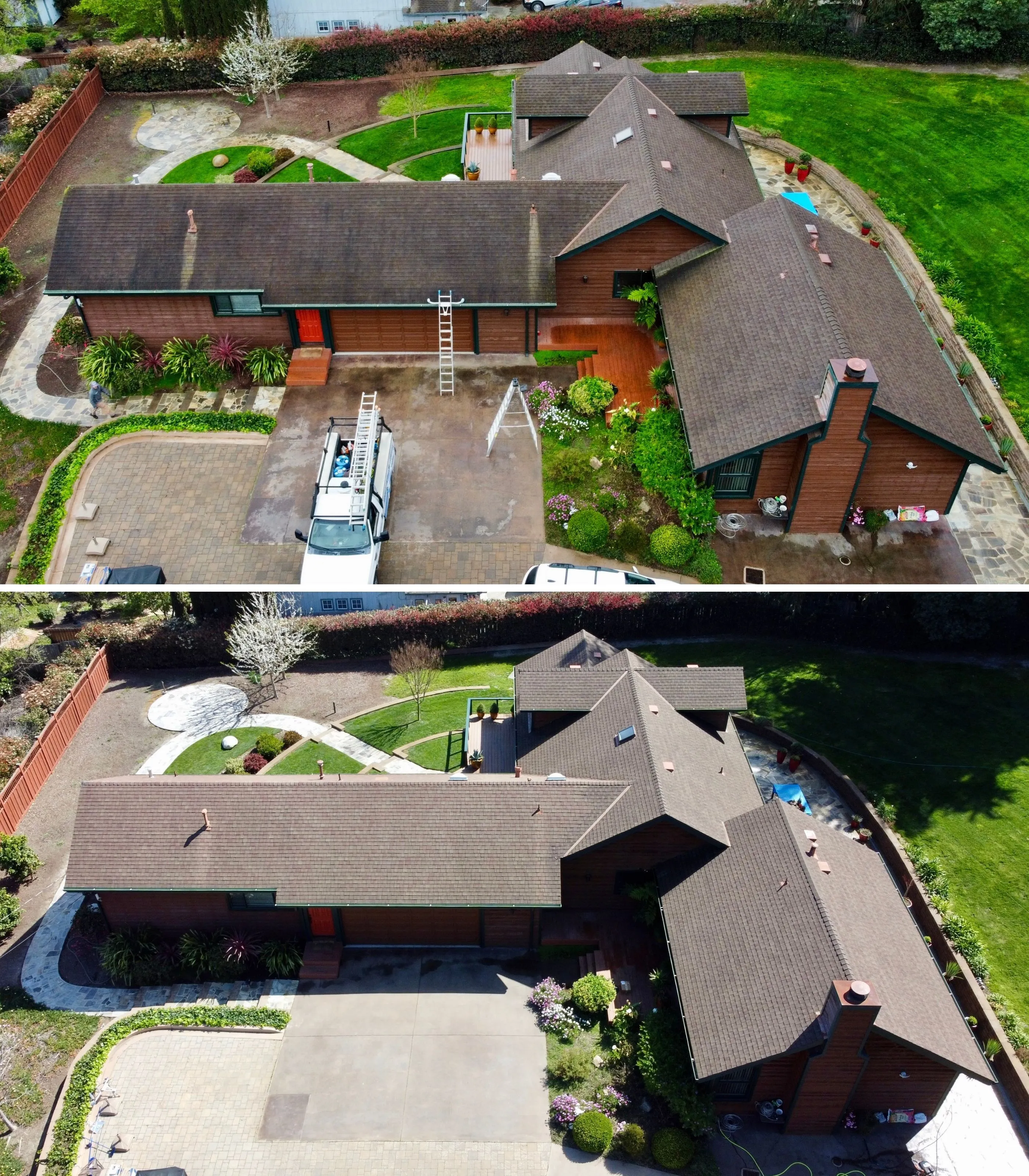 Aerial view of a house showing before and after roof cleaning. Top image shows a weathered roof and driveway; bottom image shows a clean roof and driveway.