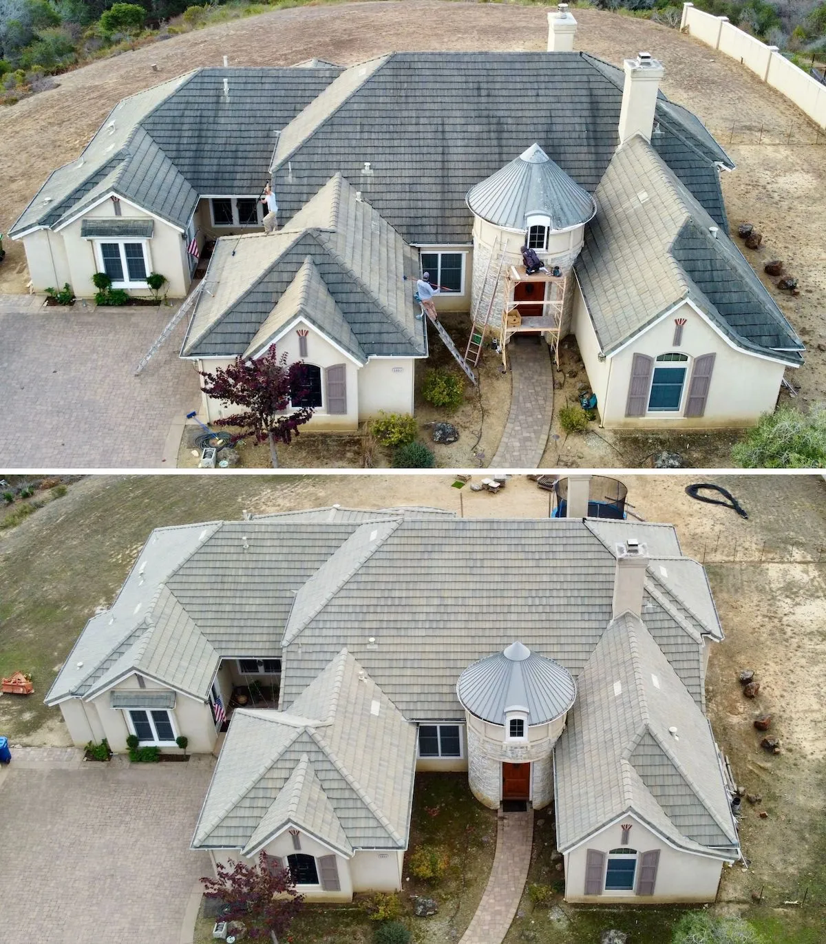  Aerial view of a house roof before and after cleaning. Workers are seen using ladders and equipment, highlighting the restored cleanliness and improved appearance of the roof.