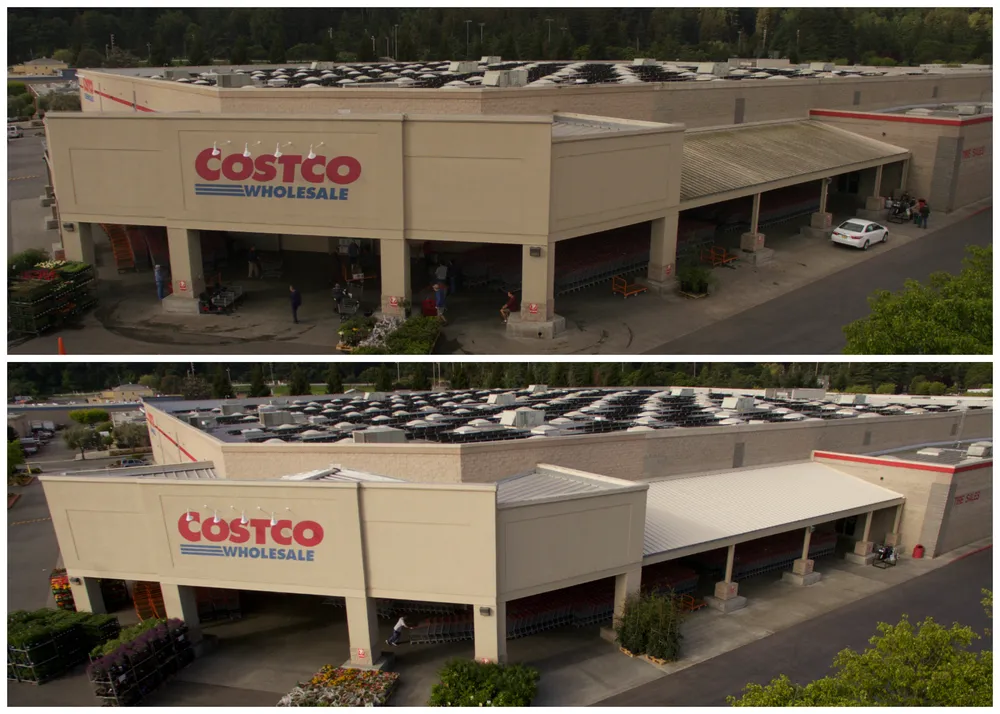 Two images showing the before and after of a retail store entrance upgrade with new roofing and improved landscaping.