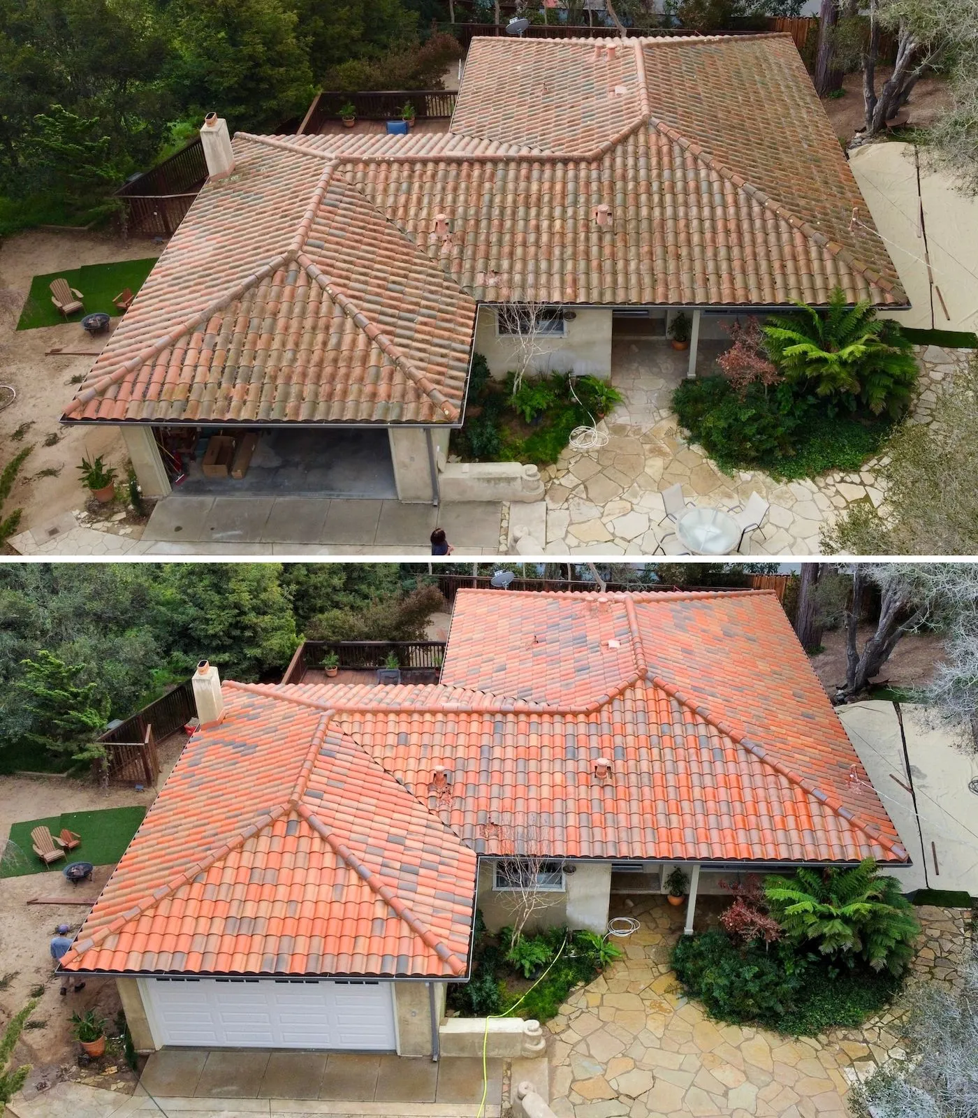Two aerial views of a house before and after roof cleaning, showing a marked improvement in tile brightness.