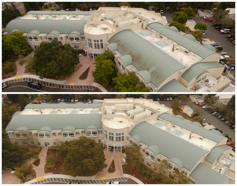  Two aerial views of a large building with a green, curved roof and surrounding greenery, showcasing the structure's design.