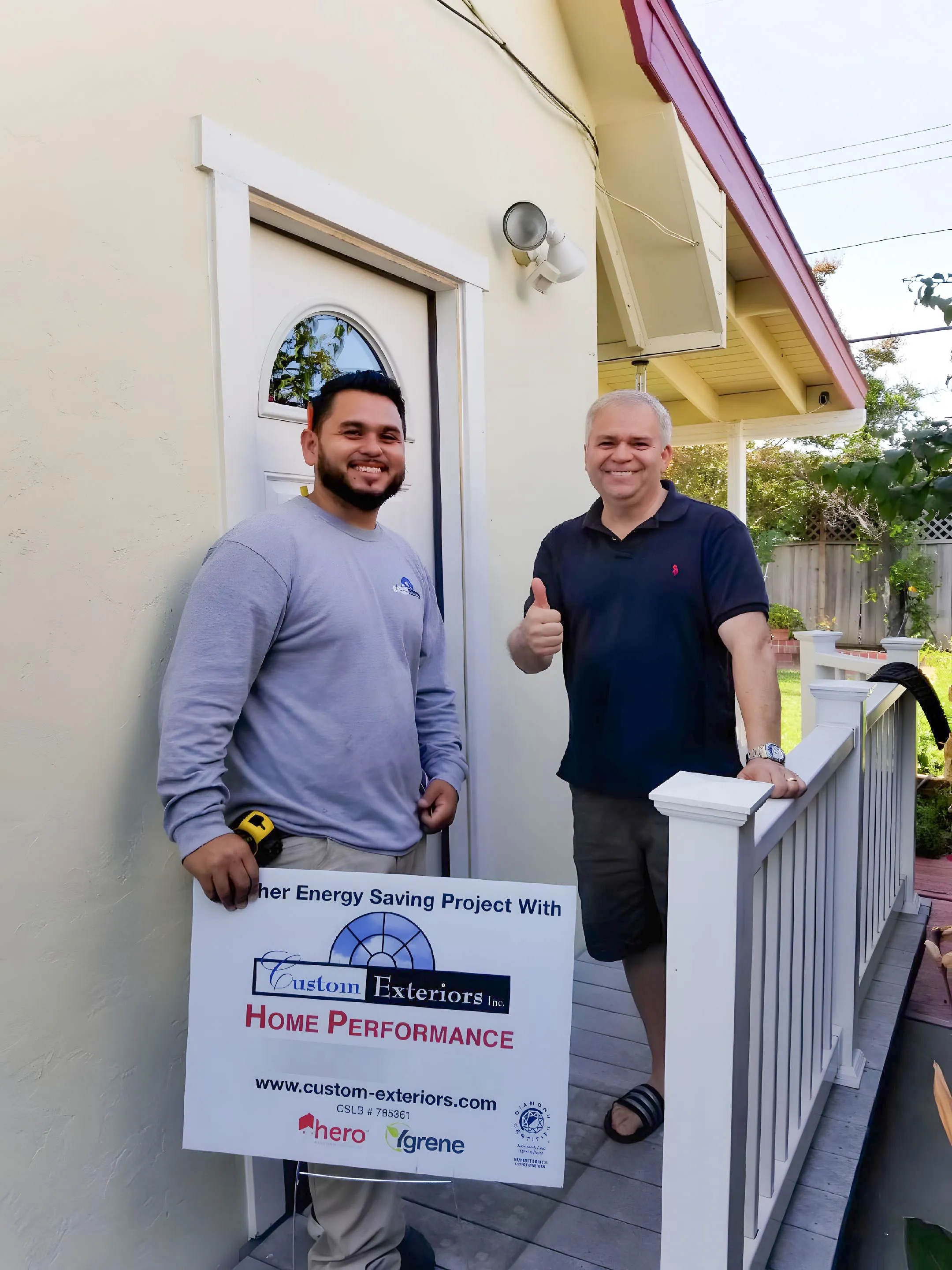 Picture of A Custom Exteriors, Inc. professional stands beside a satisfied homeowner, highlighting their successful collaboration on an energy-saving project. The company consistently achieves a Highest in Quality rating, ensuring customer satisfaction. Copyright ©2025 Diamond Certified Resource - Custom Exteriors, Inc.