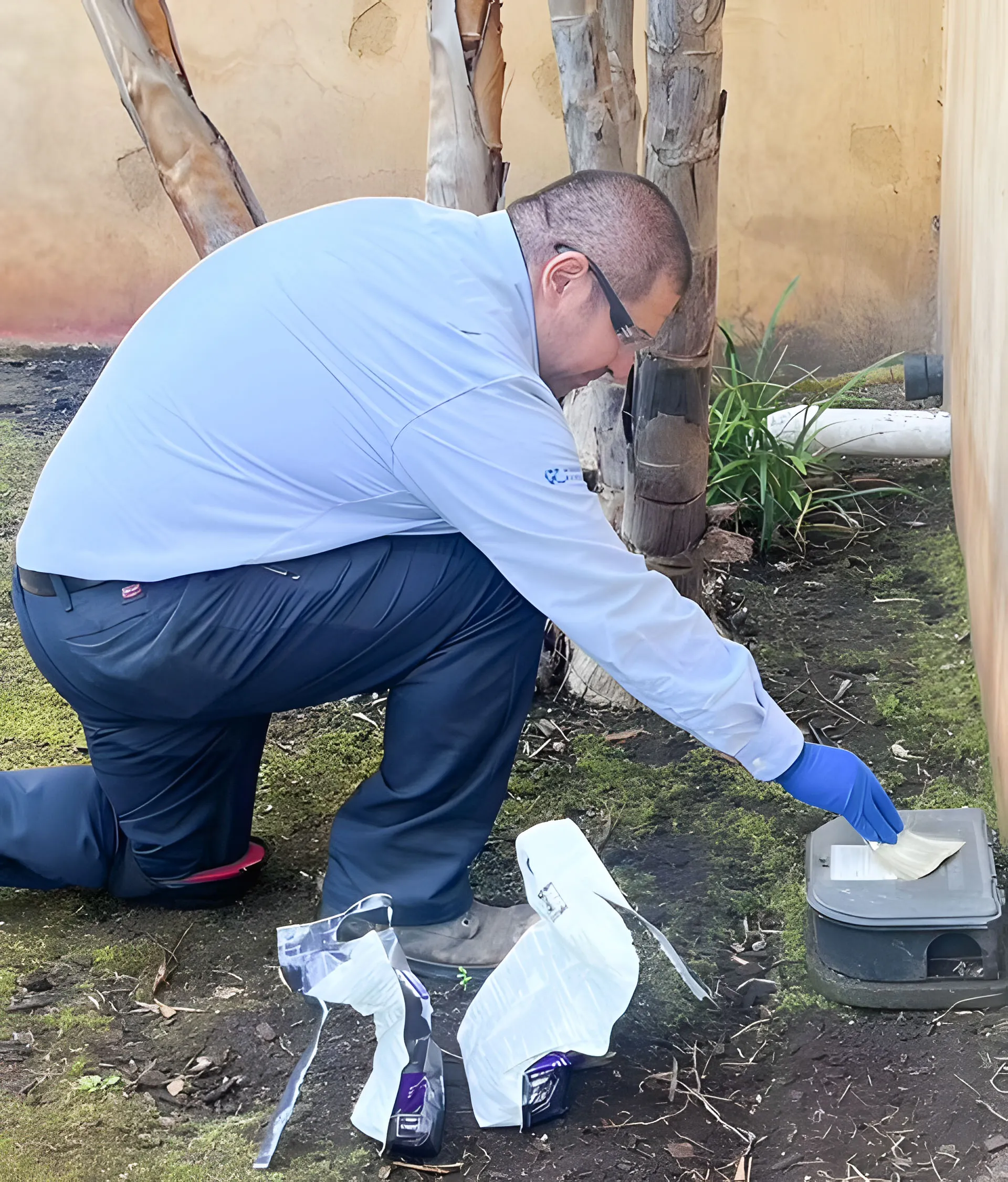 Picture of A technician from Integrated Pest Control Management Inc. meticulously adjusts a bait station in a garden area, exemplifying the companyâ€™s focus on quality outcomes in pest management. Copyright ©2025 Diamond Certified Resource

 - Intergrated Pest Control Management Inc.