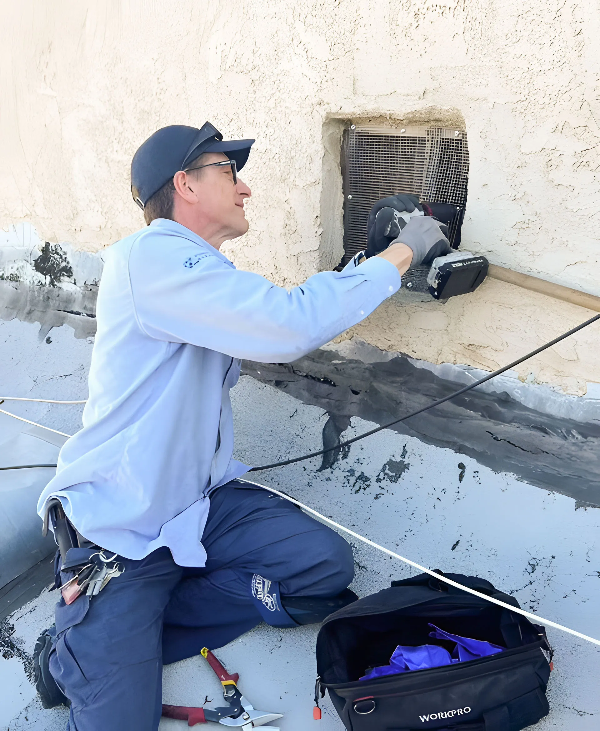 Picture of A technician from Integrated Pest Control Management Inc. carefully secures a mesh screen over a wall vent, exemplifying the companyâ€™s focus on quality outcomes and high customer satisfaction. Copyright ©2025 Diamond Certified Resource

 - Intergrated Pest Control Management Inc.