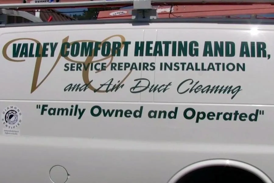  Valley Comfort Heating and Air van displaying services like service repairs, installation, and air duct cleaning. Diamond Certified logo visible.