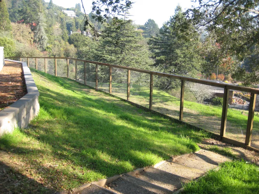 Picture of A serene hillside is framed by a sleek wooden fence, highlighting California Fencing's commitment to quality outcomes. The companyâ€™s craftsmanship adds safety and elegance to natural landscapes. Copyright ©2025 Diamond Certified Resource

 - California Fencing