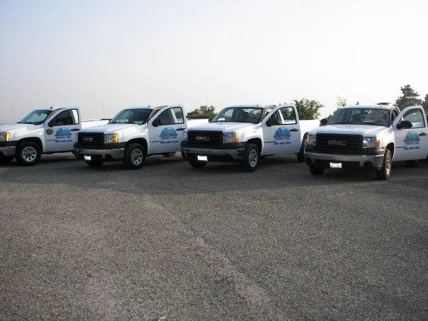  Four white Pacific Coast Termite GMC trucks lined up in a parking lot, each with company logo and open driver-side doors.