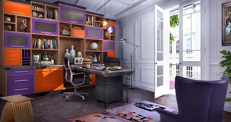 Picture of In this vibrant home office, Closet Factory's expertise shines through in the custom cabinetry that combines function and style with striking orange and purple elements. With their commitment to consistently achieving a Highest in Quality rating, they transform spaces into personalized havens. Copyright ©2025 Diamond Certified Resource

 - Closet Factory