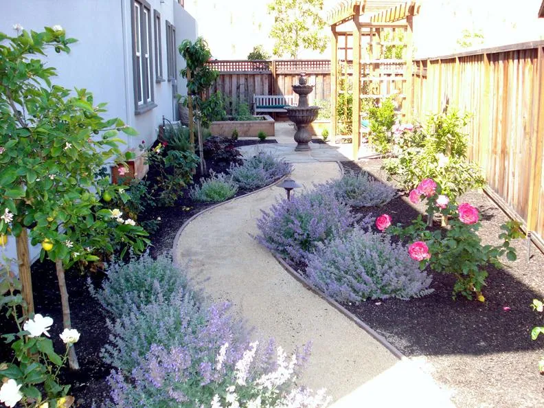A landscaped garden with a winding path, colorful flowers, and a central fountain, bordered by a wooden fence and house exterior.