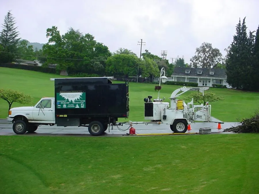 A tree service truck and wood chipper on a paved road next to a lawn, with nearby orange cones and a pile of branches. House and trees in the background.