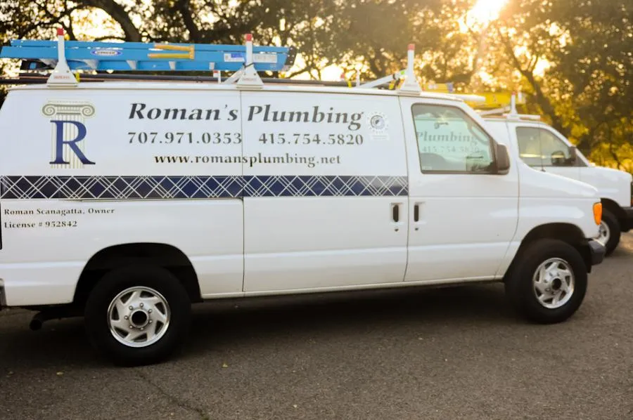 Picture of  A Roman's Plumbing, Inc. van, equipped with ladders, stands ready amidst the morning light, embodying the company's dedication to quality outcomes. This commitment has earned them Diamond Certified status. Copyright ©2025 Diamond Certified Resource.

 - Roman's Plumbing, Inc.