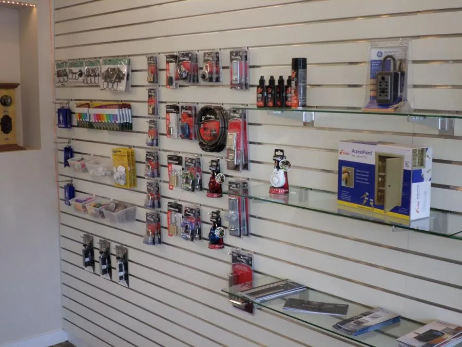 Picture of A diverse selection of security products displayed on organized shelves highlights First Lock & Security Technologies' commitment to quality outcomes. The company consistently achieves a Highest in Quality rating, ensuring customer satisfaction. Copyright ©2025 Diamond Certified Resource - First Lock & Security Technologies