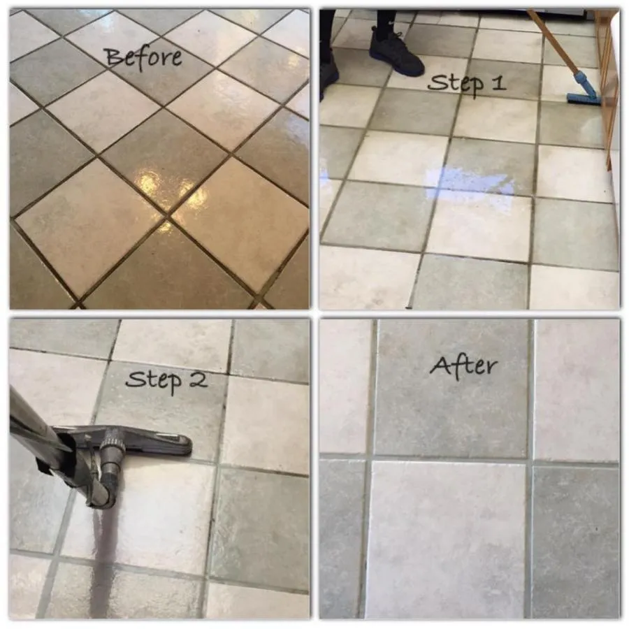 Four-panel image showing tile floor cleaning process: dirty tiles labeled "Before," mop cleaning "Step 1," machine cleaning "Step 2," and clean tiles labeled "After."