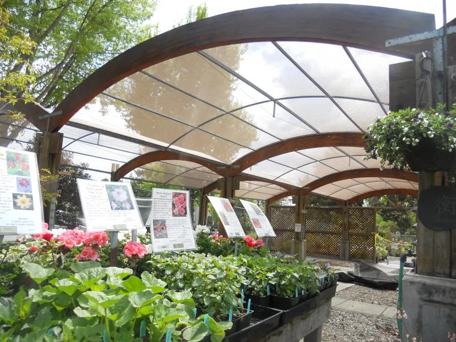 Flower display under a curved canopy, with informational signs in a garden setting.