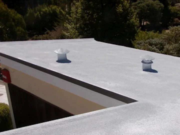 A flat roof with two vent pipes, surrounded by trees, and sunlight casting shadows on the surface.
```