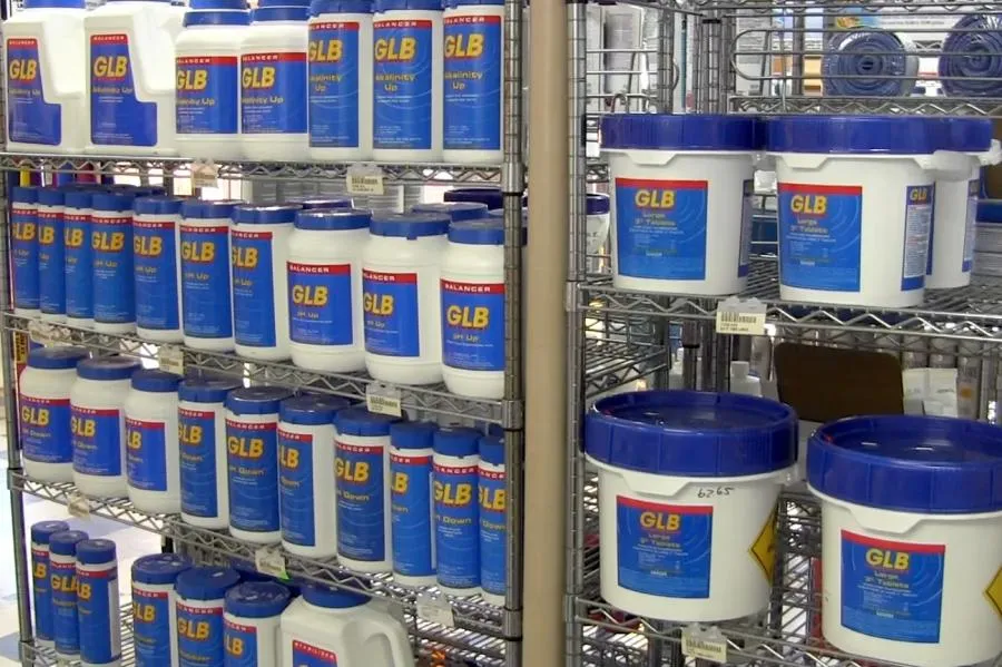 Picture of In Roger's Pool & Spa Service Inc., shelves are meticulously stocked with pool maintenance products, reflecting the company's focus on quality outcomes for every client. Copyright ©2025 Diamond Certified Resource - Roger's Pool & Spa Service Inc.