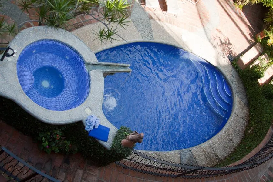  Top view of a blue swimming pool with adjacent hot tub, surrounded by brick and greenery, with pool maintenance equipment visible.