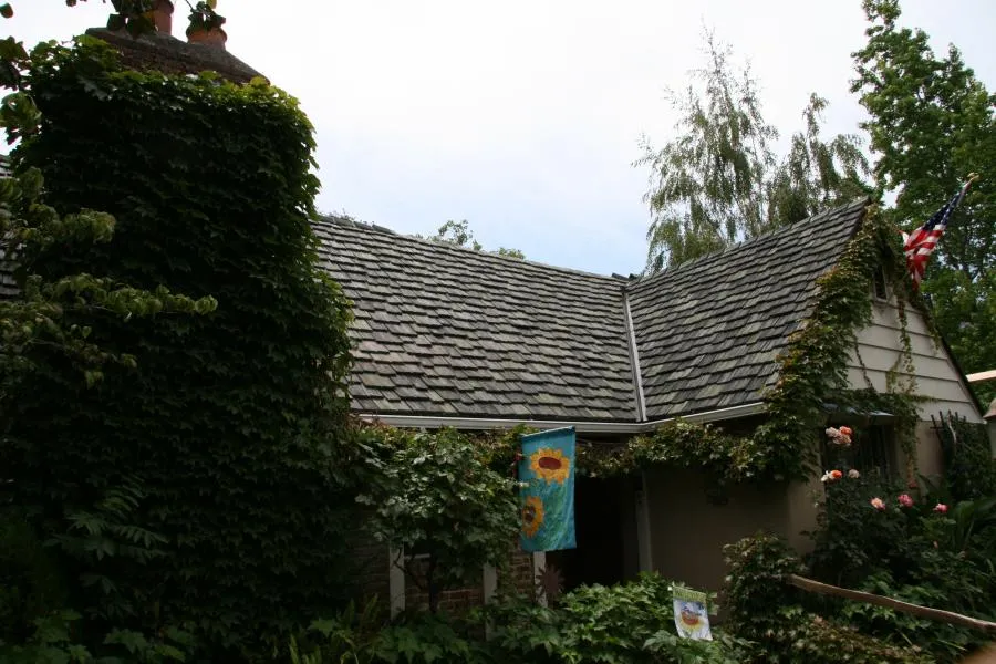  House with wooden shingle roof, covered in ivy and surrounded by greenery, featuring a sunflower flag and an American flag.