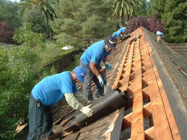 Roofers in blue shirts work on replacing shingles and wooden beams on a pitched roof surrounded by trees.