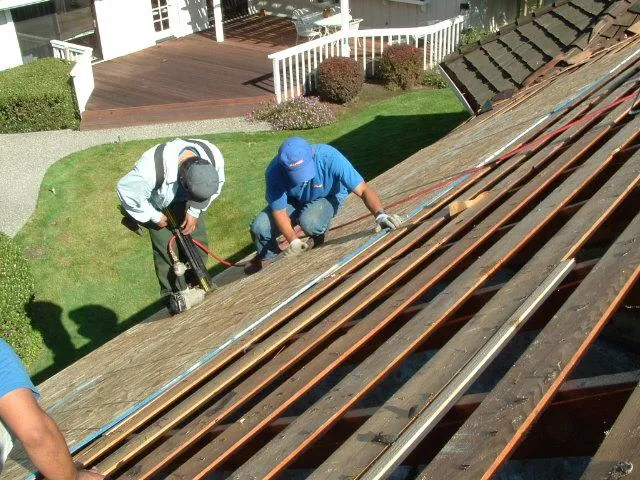  Two workers on a sloped roof installing new boards, surrounded by various tools and materials.
