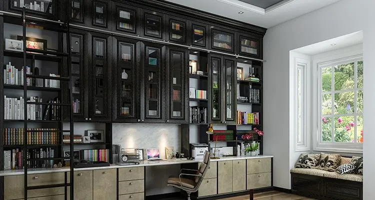 Picture of A meticulously organized home office exudes sophistication with custom cabinetry and a seamless blend of storage and workspace. Closet Factory's focus on quality outcomes shines through in every detail. Copyright ©2025 Diamond Certified Resource

 - Closet Factory