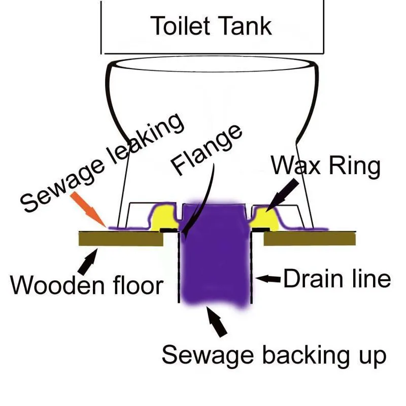 Diagram of a toilet showing sewage leakage from a flange, highlighting parts like the wax ring, wooden floor, and drain line.