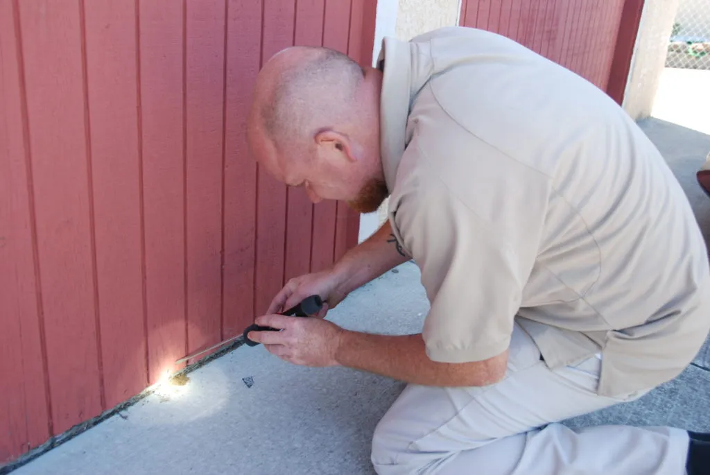 Technician inspecting building foundation with flashlight, kneeling on concrete next to red wooden wall. Technician inspecting building foundation with flashlight, kneeling on concrete next to red wooden wall.