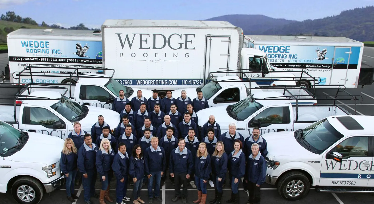 Picture of The dedicated team of Wedge Roofing stands united in front of their fleet, ready to deliver top-rated quality and expertise. Wedge Roofing has consistently achieved a Highest in Quality rating, reflecting their commitment to excellence. Copyright ©2025 Diamond Certified Resource - Wedge Roofing