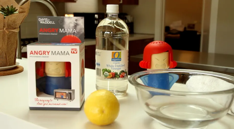  A kitchen counter displays a microwave cleaner, a bottle of vinegar, a lemon, and a glass bowl with a sponge.