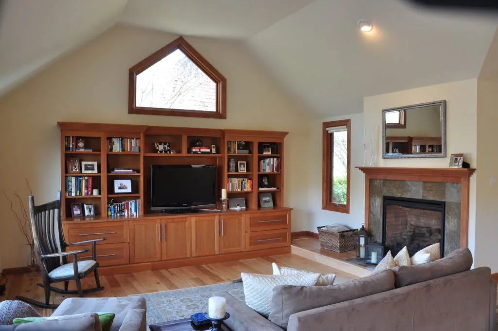 Picture of Sunlight filters through a triangular window, illuminating a custom-built entertainment center by Diablo Valley Cabinetry. This serene space reflects their focus on quality outcomes and elevated design. Copyright ©2025 Diamond Certified Resource

 - Diablo Valley Cabinetry