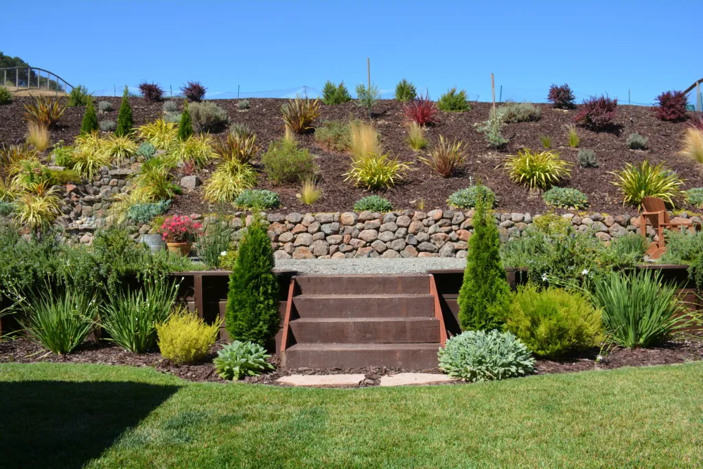  Tiered garden with stone retaining wall, diverse plants, and wooden steps leading up a landscaped hillside.