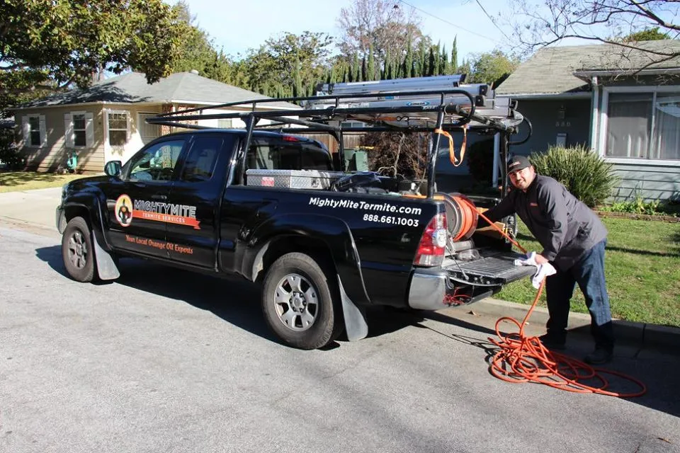 Picture of A Mightymite Termite Services technician prepares equipment from a branded truck, ready to deliver top-rated quality solutions to a neighborhood home. Known for their focus on quality outcomes. Copyright ©2025 Diamond Certified Resource

 - Mightymite Termite Services