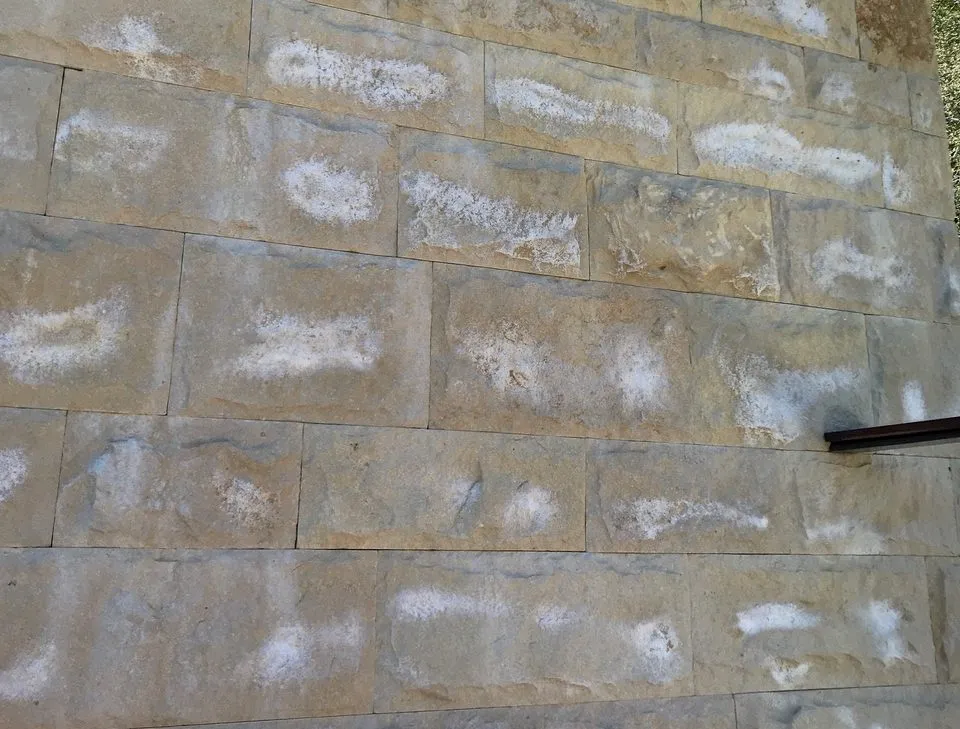 Stone wall with visible patches of white discoloration, possibly due to weathering or material aging. Stone wall with visible patches of white discoloration, possibly due to weathering or material aging.