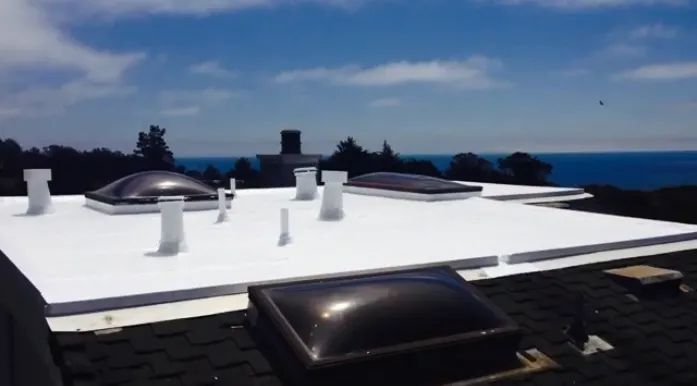   
White rooftop with multiple skylights and vents, ocean visible in the background under a partly cloudy sky.