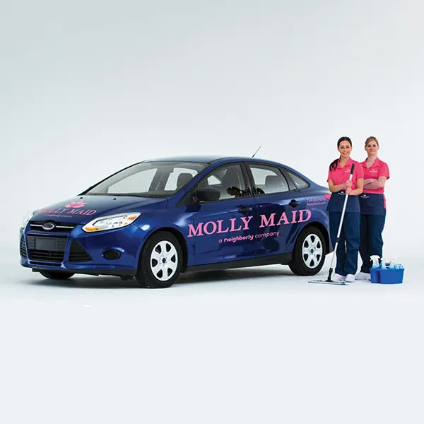Picture of Two employees of Molly Maid of S. Silicon Valley stand confidently beside a company-branded car, ready with cleaning tools in hand. Their dedication to achieving quality outcomes is evident in their preparation. Copyright ©2025 Diamond Certified Resource

 - Molly Maid of S. Silicon Valley