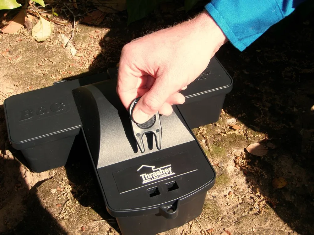 A hand in a blue sleeve adjusts a black pest control device on the ground, with fallen leaves nearby. A hand in a blue sleeve adjusts a black pest control device on the ground, with fallen leaves nearby.