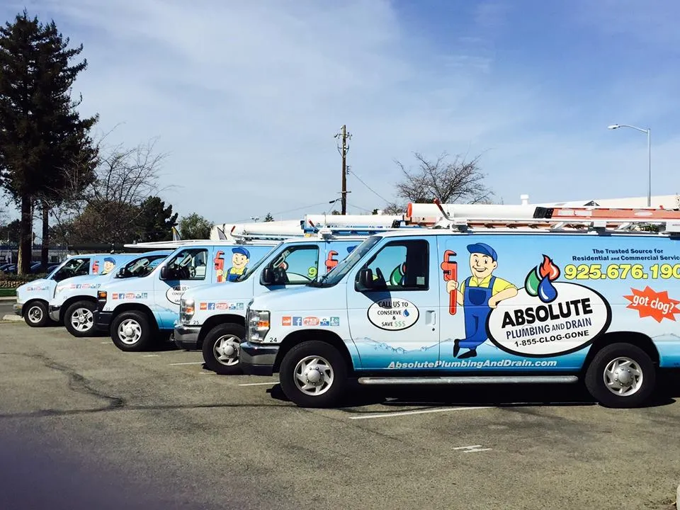  Several Absolute Plumbing and Drain vans parked in a row in a parking lot, with visible company branding and contact information on the sides.