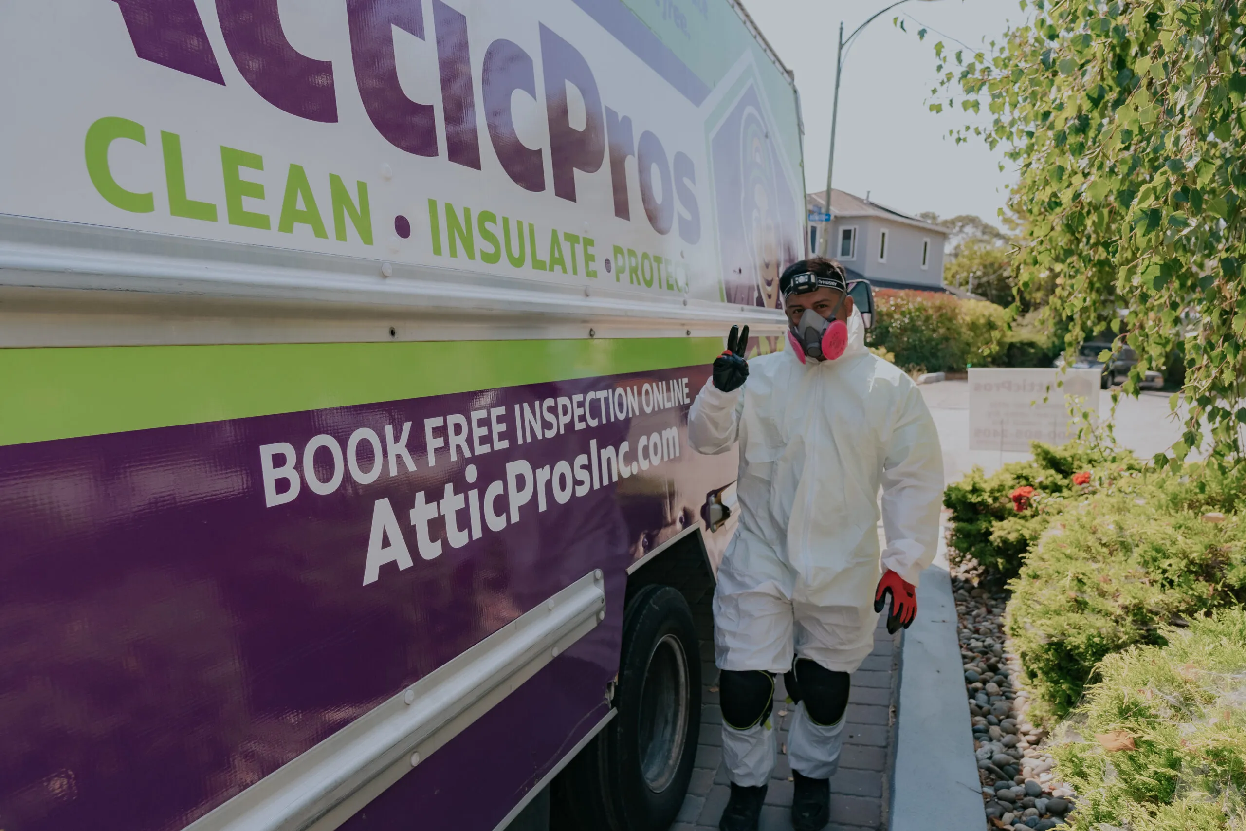 Picture of A technician from Attic Pros, dressed in protective gear, signals a confident peace sign beside their service vehicle, underscoring the company's commitment to quality outcomes. Attic Pros consistently achieves a Highest in Quality rating, ensuring peace of mind for every client. Copyright ©2025 Diamond Certified Resource - Attic Pros