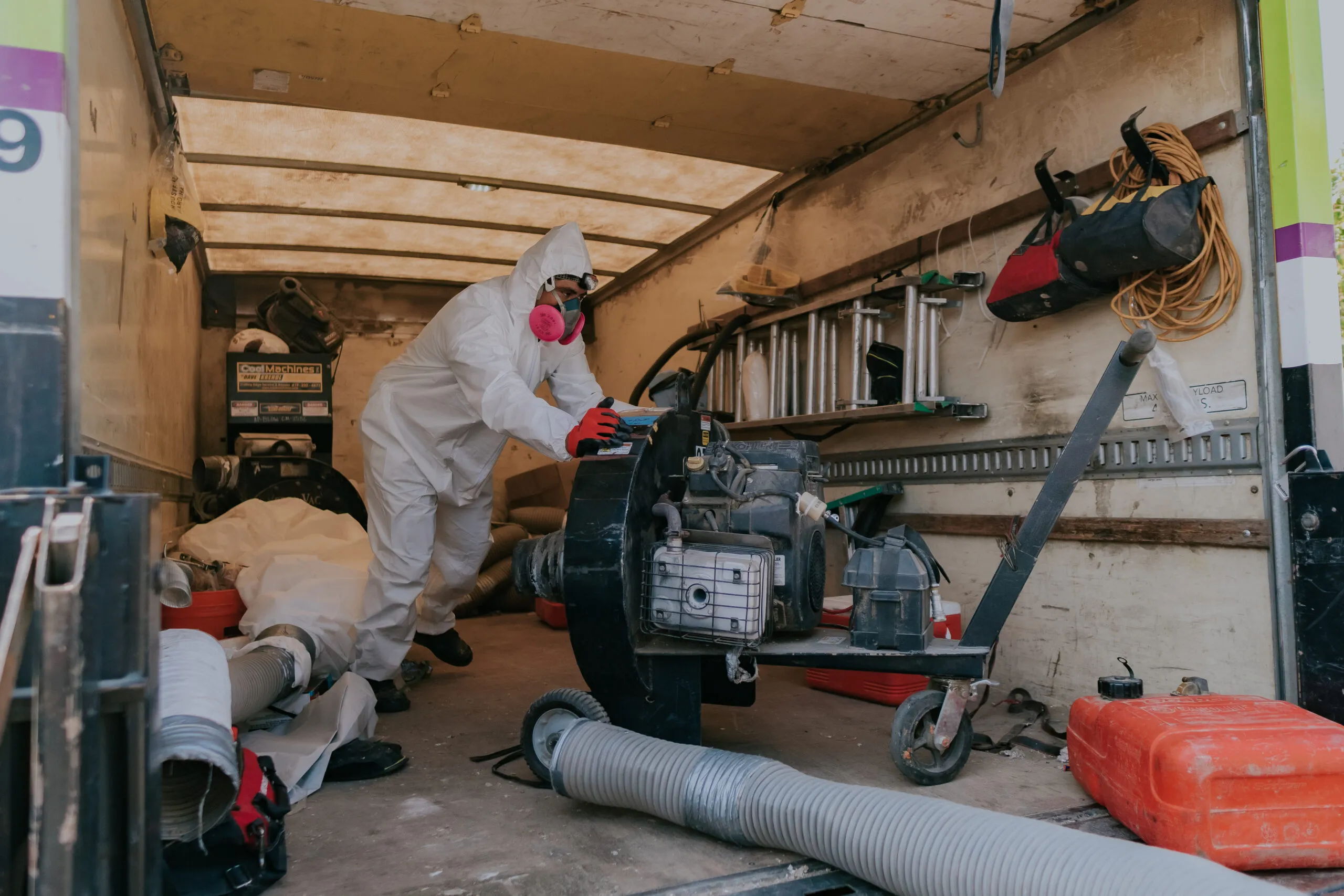 Picture of In the back of a work truck, an Attic Pros technician, donned in full protective gear, meticulously inspects equipment. The company is recognized for expertise and quality, ensuring high customer satisfaction. Copyright ©2025 Diamond Certified Resource - Attic Pros