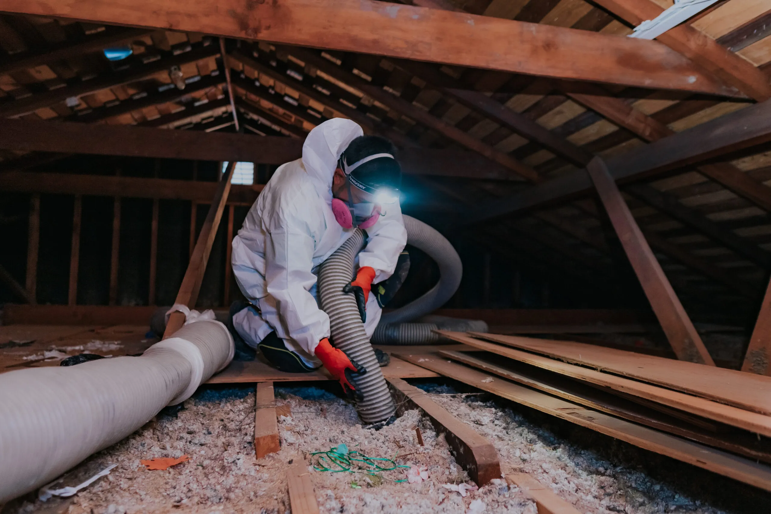 Picture of In the quiet depths of an attic, an Attic Pros technician, equipped with a headlamp and protective gear, meticulously manages insulation removal with precisionâ€”a testament to the company's high customer satisfaction ratings. Copyright ©2025 Diamond Certified Resource

 - Attic Pros