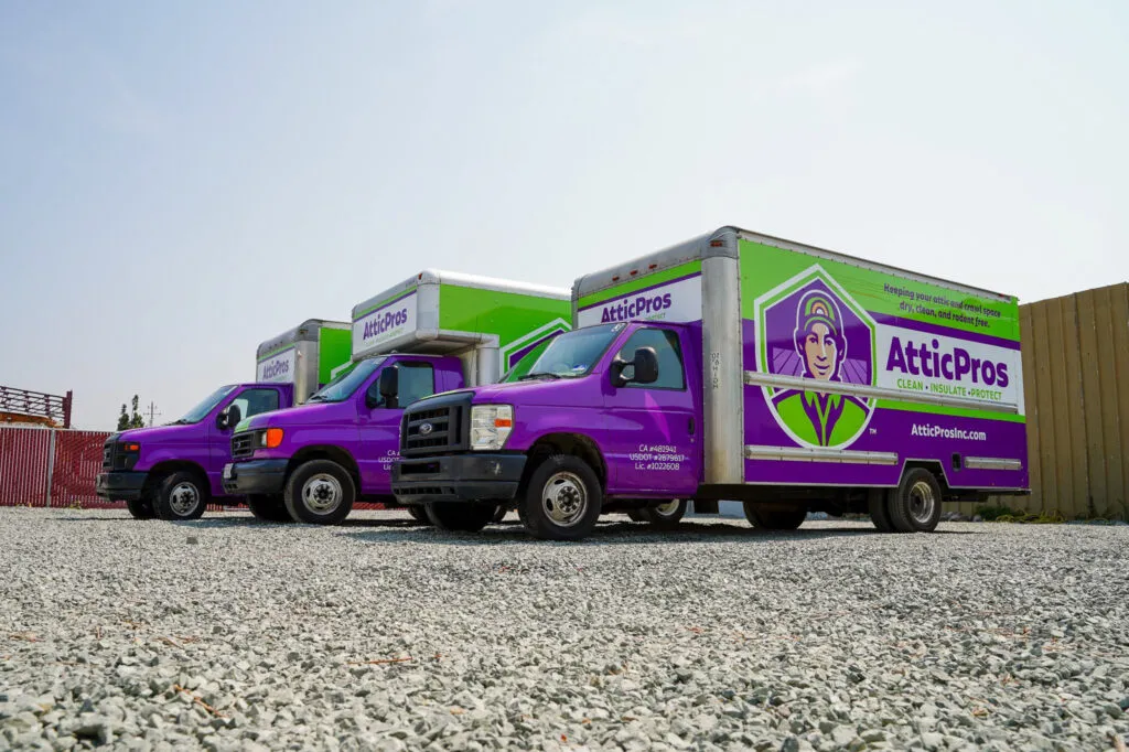 Picture of In a gravel lot, the vibrant purple and green vehicles of Attic Pros line up, embodying the companyâ€™s commitment to quality outcomes. Attic Pros consistently achieves a Highest in Quality rating, reflecting their dedication to expert service. Copyright ©2025 Diamond Certified Resource

 - Attic Pros