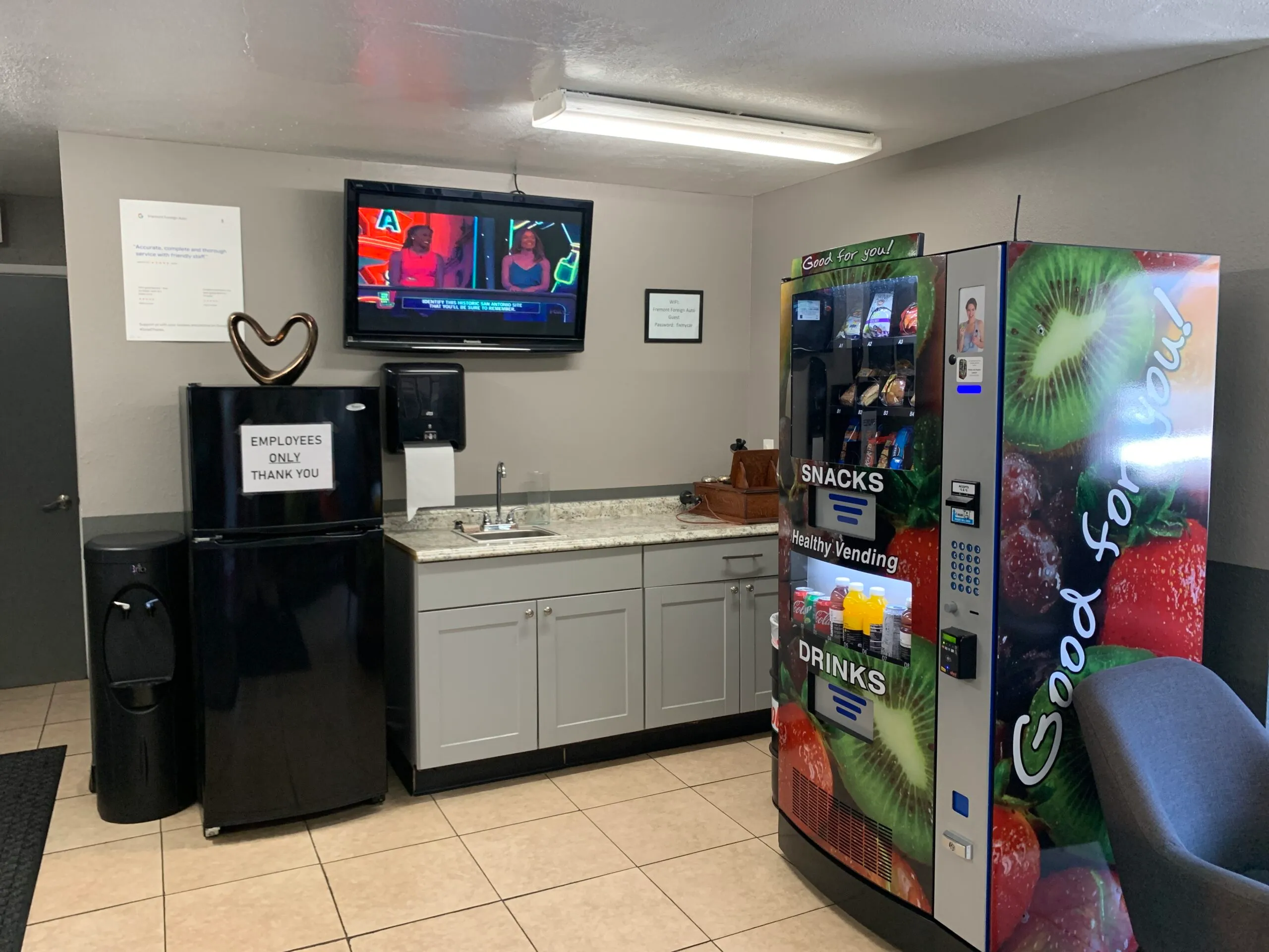 Picture of In the break room at Fremont Foreign Auto, a thoughtfully arranged space invites relaxation with a healthy vending machine and a small kitchenette. This attention to detail echoes Fremont Foreign Auto's focus on quality outcomes, as recognized by high customer satisfaction ratings. Copyright ©2025 Diamond Certified Resource

 - Fremont Foreign Auto
